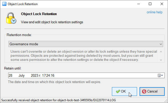 Object Lock Retention dialog