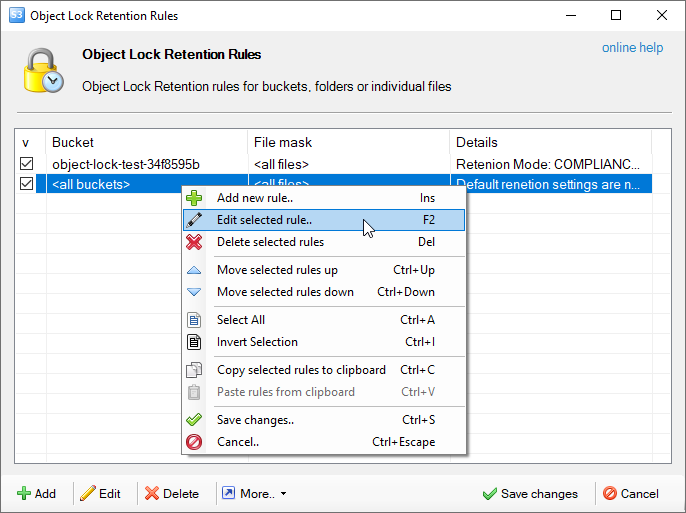 Additional features of Object Lock Retention Rules dialog