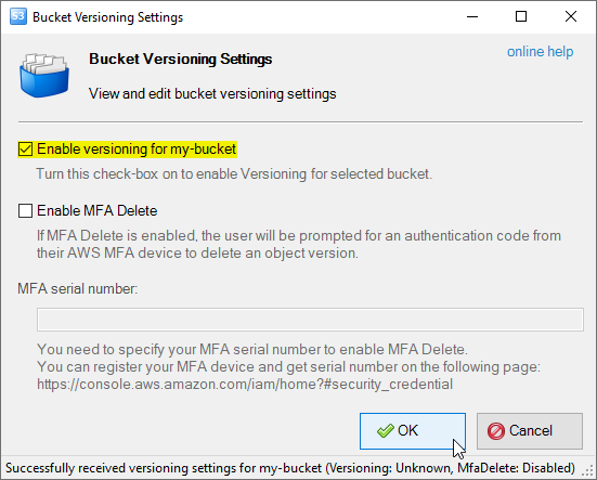 Bucket Versioning settings dialog