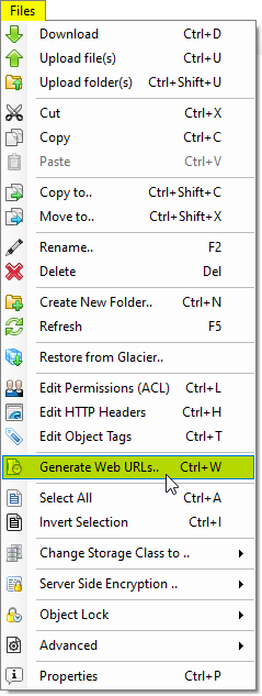 Select files and click Files, Generate Web URLs